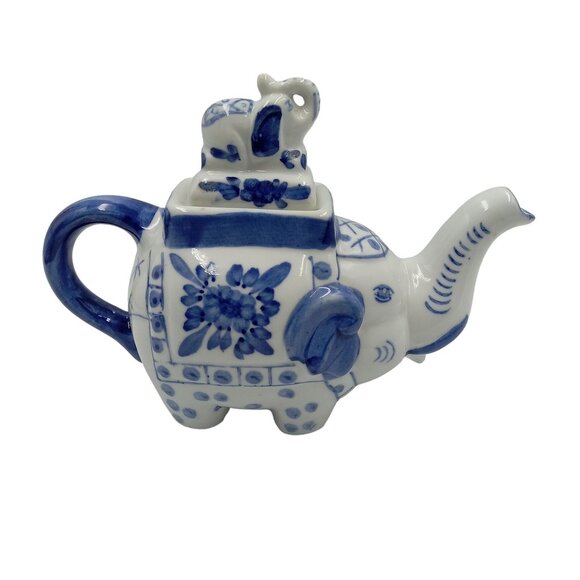 Elephant Teapot Blue & White Decorative Ceramic Decor Not for Food or Drink - Picture 4 of 12
